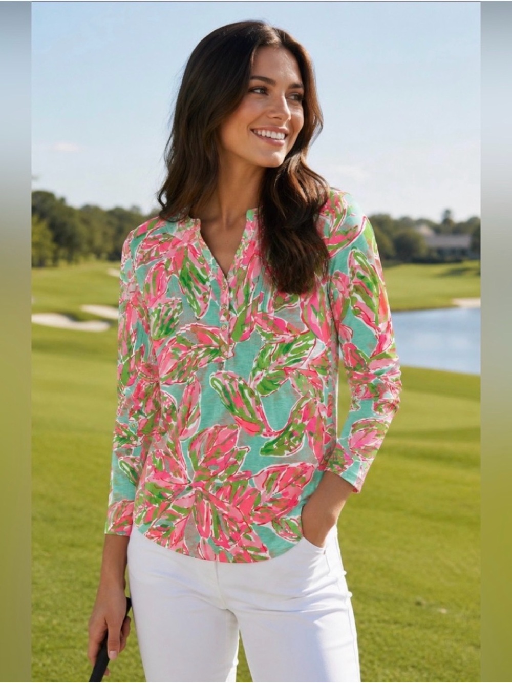 Lilly Pulitzer Aqua, Pink & Green Floral Tunic Top EUC medium